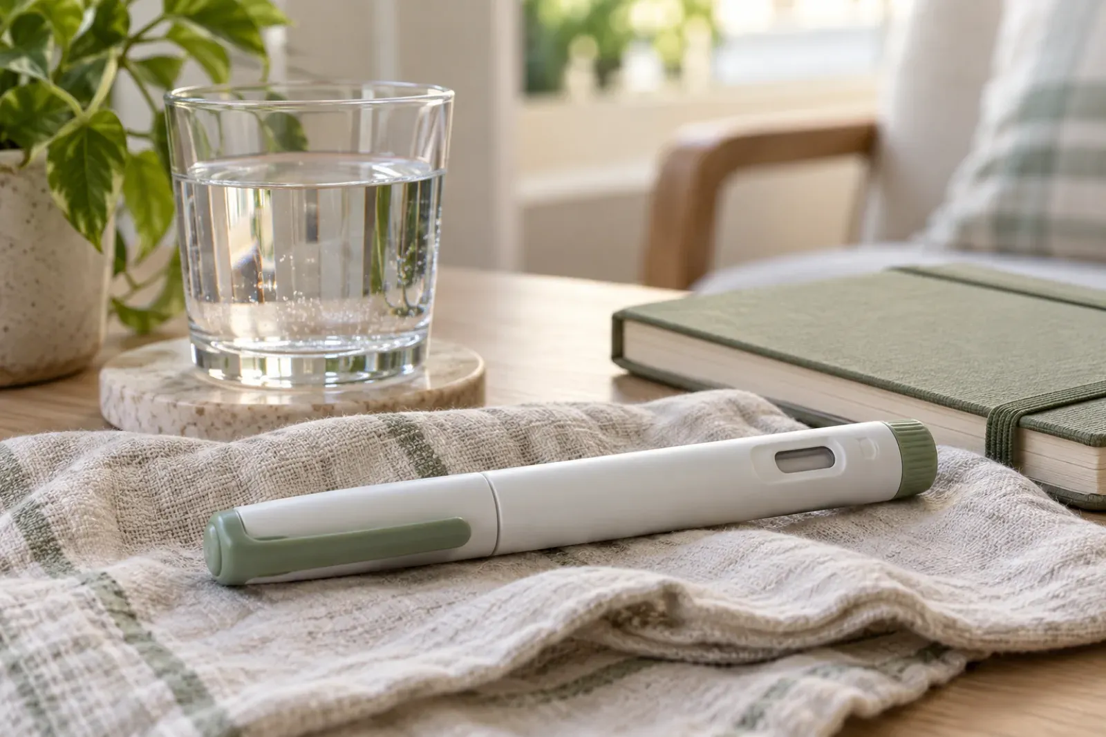 An unbranded injection pen on a linen cloth next to a glass of water
